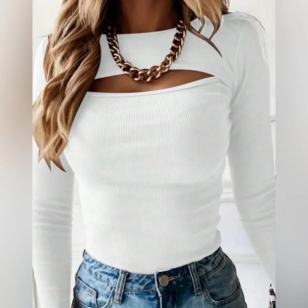 White Cut-Out Long Sleeve Top